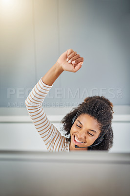 Buy stock photo Winner, call center success or excited black woman in celebration of deal, promotion or victory. Applause, smile or happy CRM consultant celebrates winning a bonus, target achievement or sales goals 