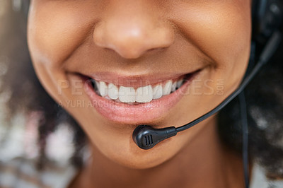 Buy stock photo Mic, mouth or happy woman in call center with smile talking, speaking or networking in tech support. Girl smiling, closeup or friendly sales agent in communication at customer services or telecom