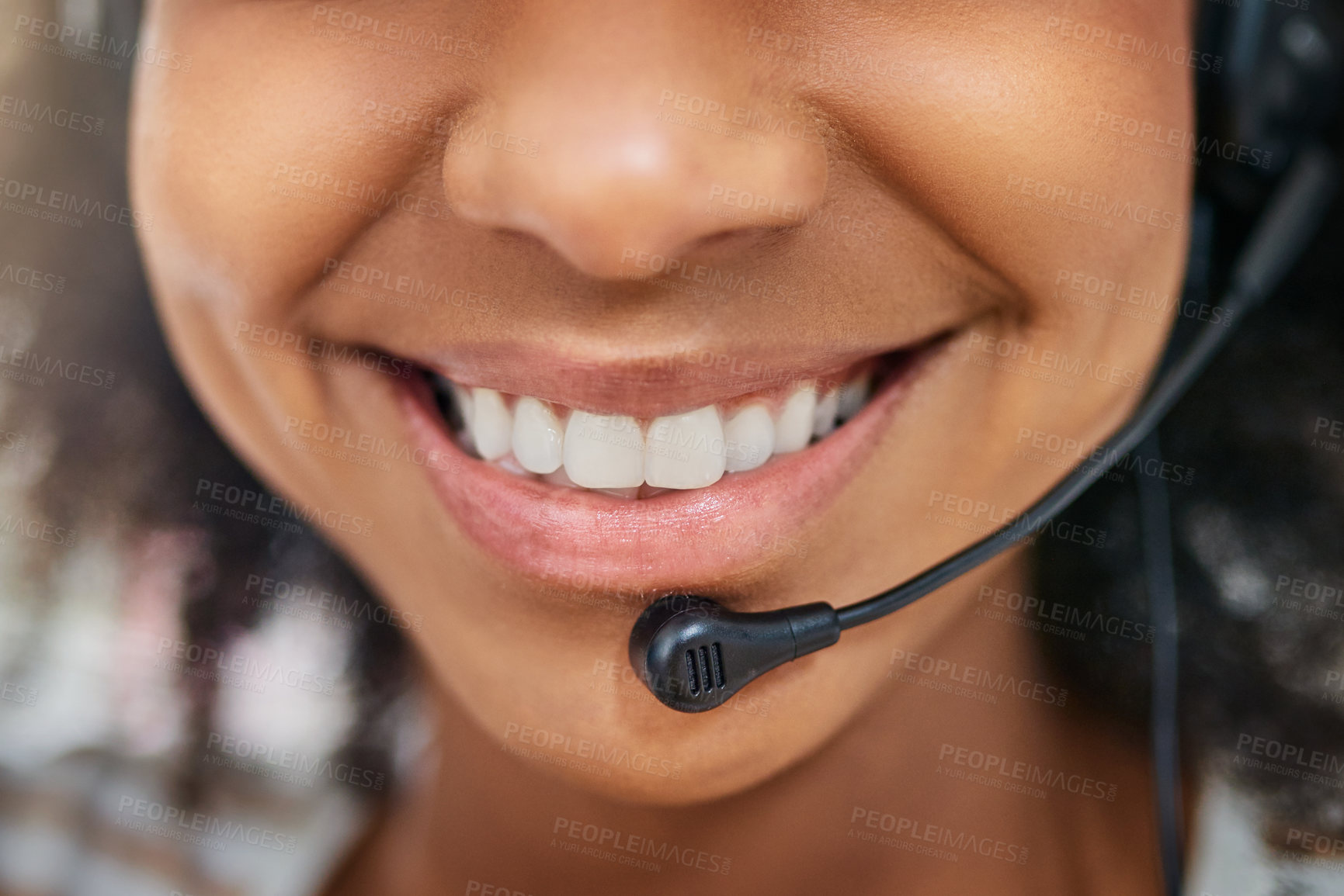 Buy stock photo Mic, mouth or happy woman in call center with smile talking, speaking or networking in tech support. Girl smiling, closeup or friendly sales agent in communication at customer services or telecom