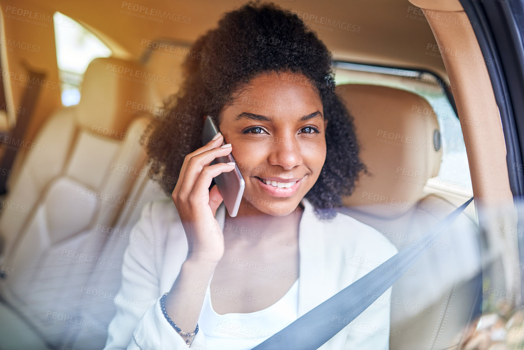 Buy stock photo Business, black woman and smile on phone call in car as passenger for trip, travel and traveling. Female person, entrepreneur and happy on taxi or cab with communication, connection and conversation