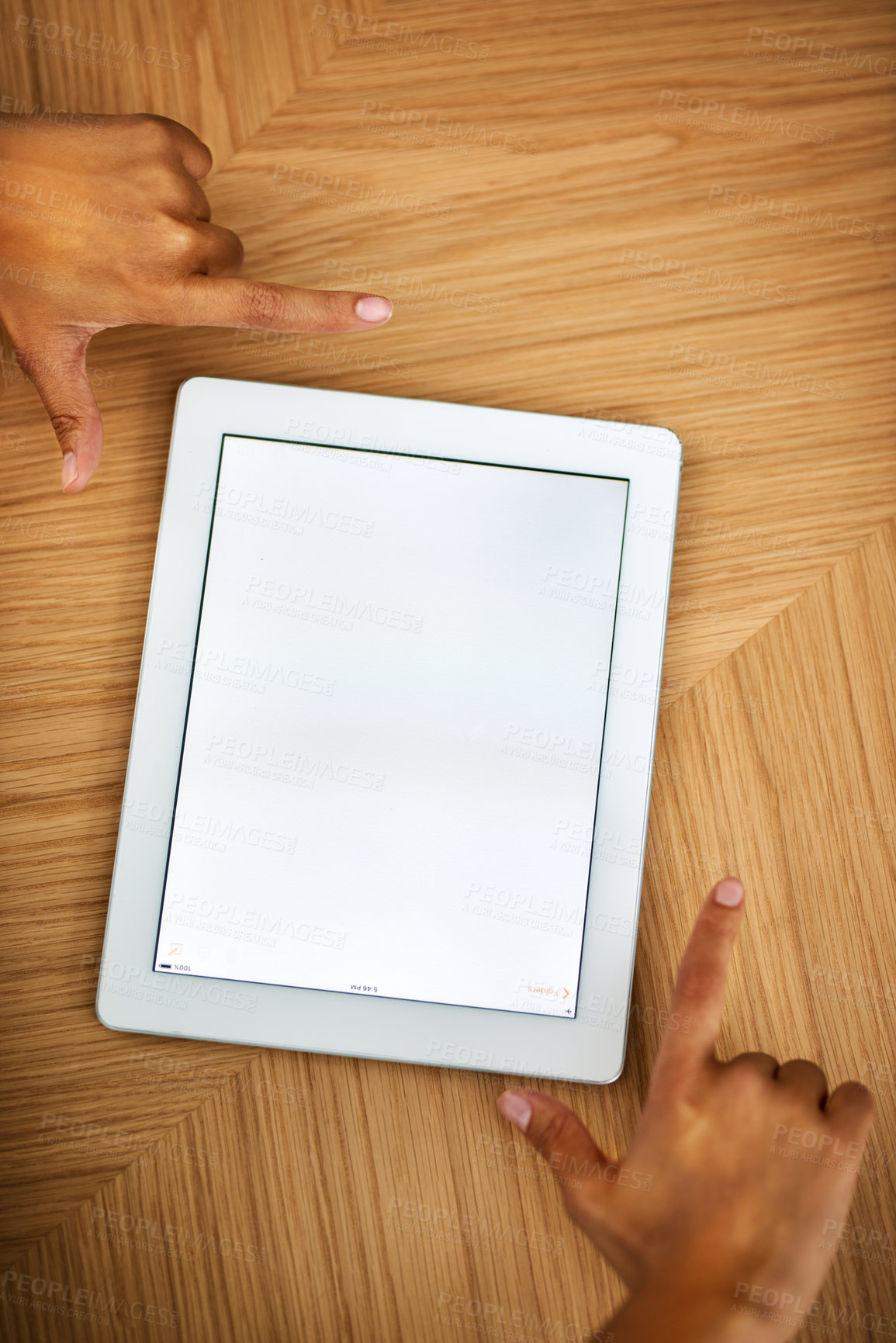 Buy stock photo Person, hands and mockup with tablet screen for advertising, marketing or software app above on wooden table. Top view, developer and closeup with technology display, chromakey or UI for UX or space