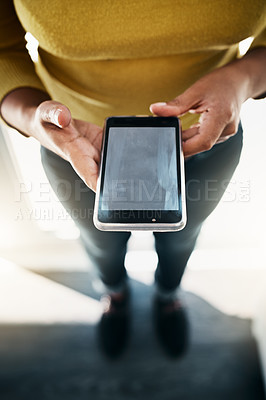 Buy stock photo Screen, hands and typing with cellphone, online and pre approved loan for small business, email and application in web. Display, mockup and person in cafe, owner and plan for launch of startup