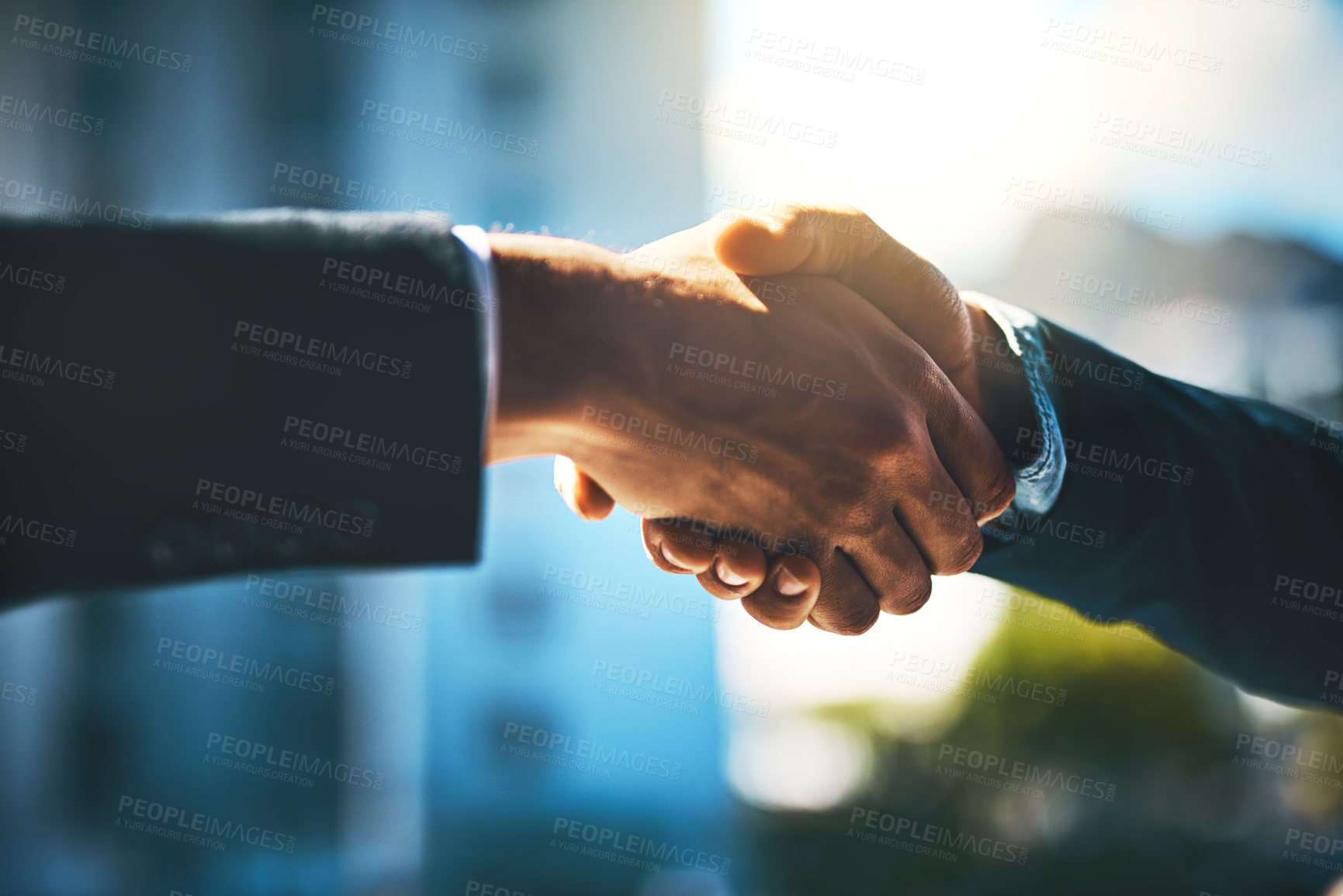 Buy stock photo Business people, city and shaking hands for introduction, meeting and partnership agreement or legal deal. Clients, lawyer or attorney with handshake for case advice and thank you, support or success