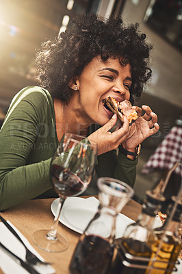 Buy stock photo Relax, girl and woman with pizza, restaurant and red wine on a weekend break, delicious and celebration. Female person, eating and lady with food, alcohol and drinking for event, party and hungry