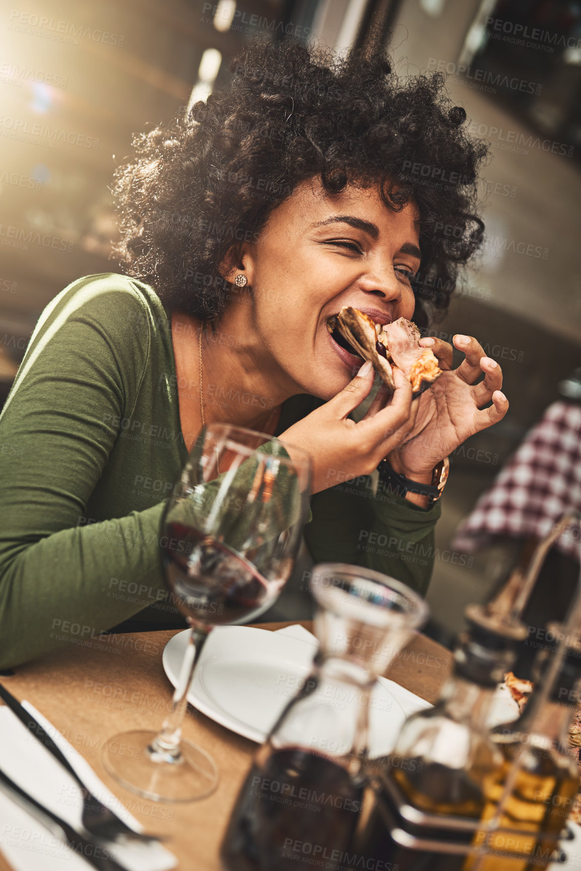 Buy stock photo Relax, girl and woman with pizza, restaurant and red wine on a weekend break, delicious and celebration. Female person, eating and lady with food, alcohol and drinking for event, party and hungry