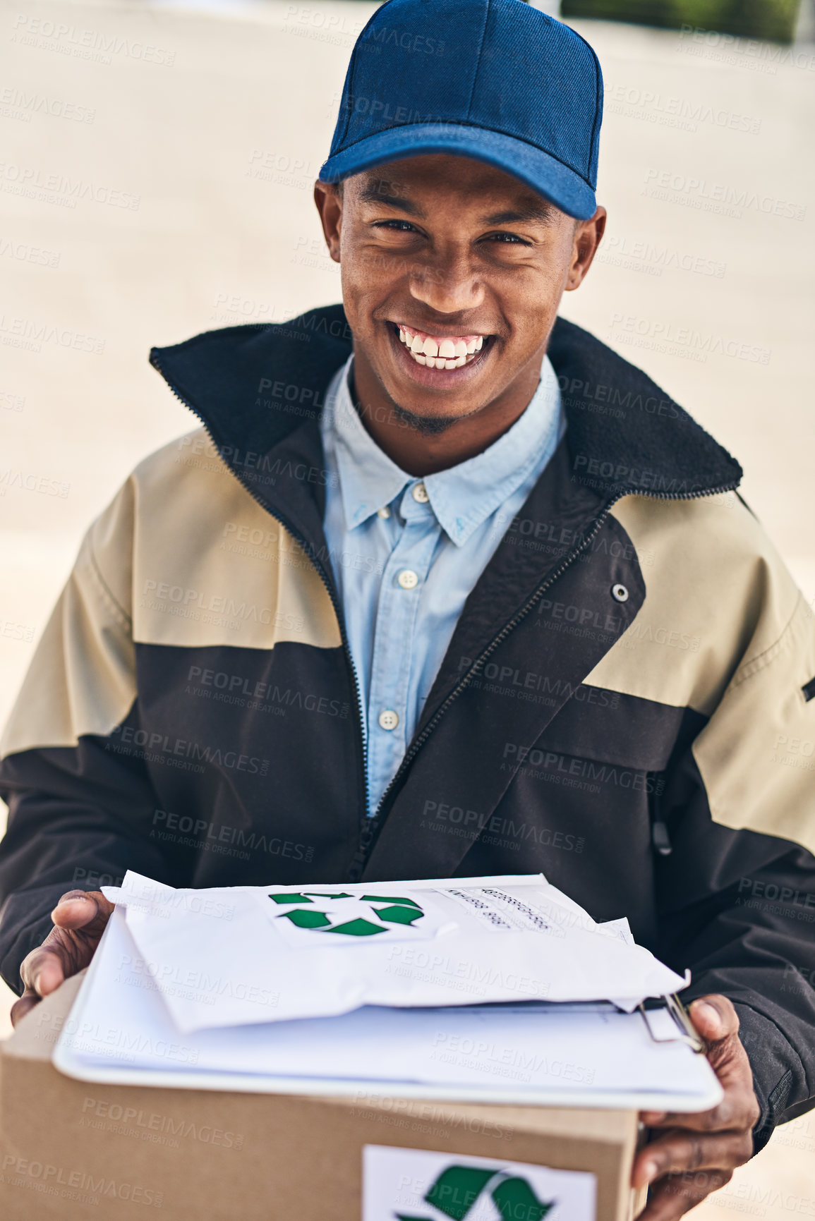 Buy stock photo Happy man, portrait and box with delivery for supply chain, logistics or transportation of recycle product in city. Male person or courier guy with smile, parcel or package in online order or service