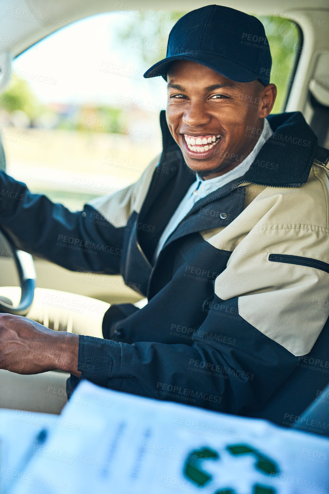 Buy stock photo Delivery, courier driver and portrait of black man for distribution, shipping logistics and transport. Ecommerce, supply chain and happy male worker in car or van to deliver package, order and parcel