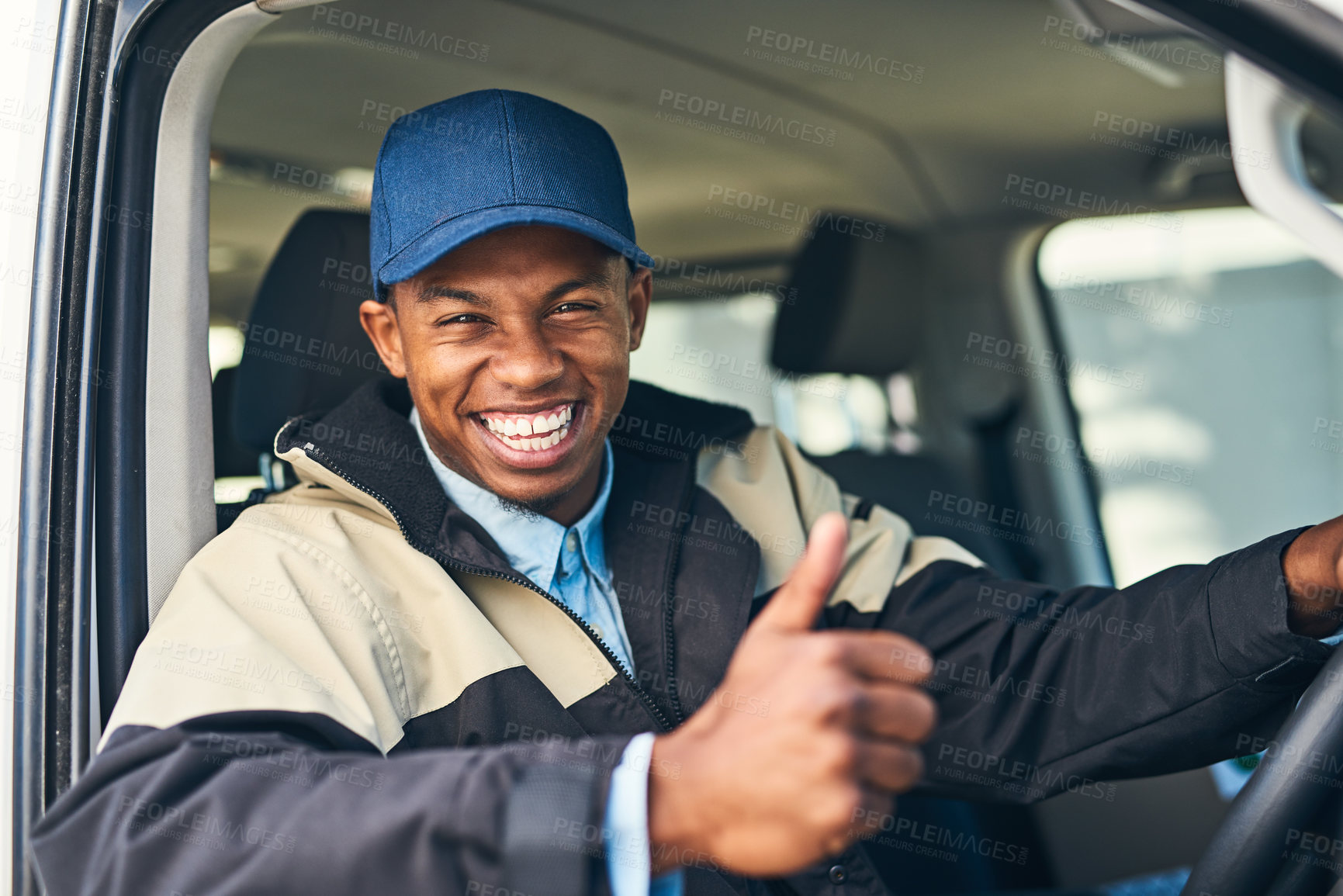 Buy stock photo Delivery van, courier and portrait of man with thumbs up for distribution, shipping logistics and transport. Ecommerce, yes gesture and happy African male driver to deliver package, order and parcel