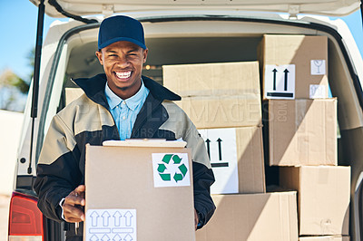 Buy stock photo Portrait of a courier unloading boxes from his delivery van
