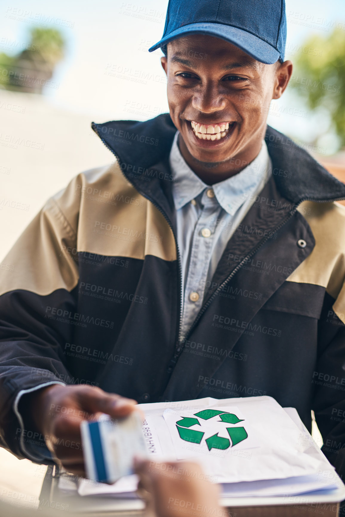 Buy stock photo Black man, shipping and delivery with box for credit card, payment or recycle order by door at home. Happy African or guy with debit, parcel or reusable packaging for courier service or supply chain