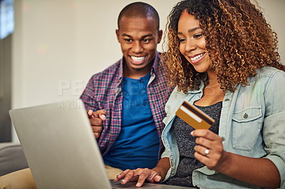 Buy stock photo Couple, credit card and laptop for purchase in home, online shopping and website checkout for order. People, payment and support for internet banking or transaction, ecommerce and love for bills