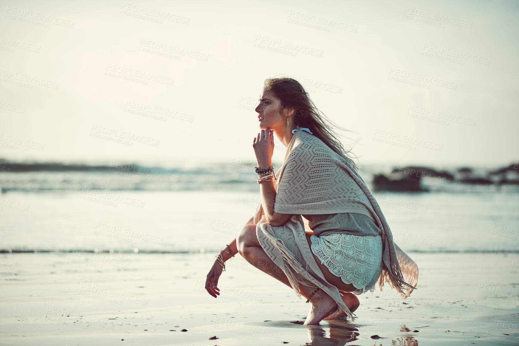 Buy stock photo Travel, boho or girl with thinking at beach for holiday adventure, nature appreciation or free spirit. Bohemian fashion, woman and relax at seaside with reflection, sightseeing and explore with space