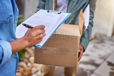 Buy stock photo Customer, clipboard and box with courier, paperwork and document with package or cargo. People, delivery man and shipping with technology, delivery and supply chain for online retail and freight