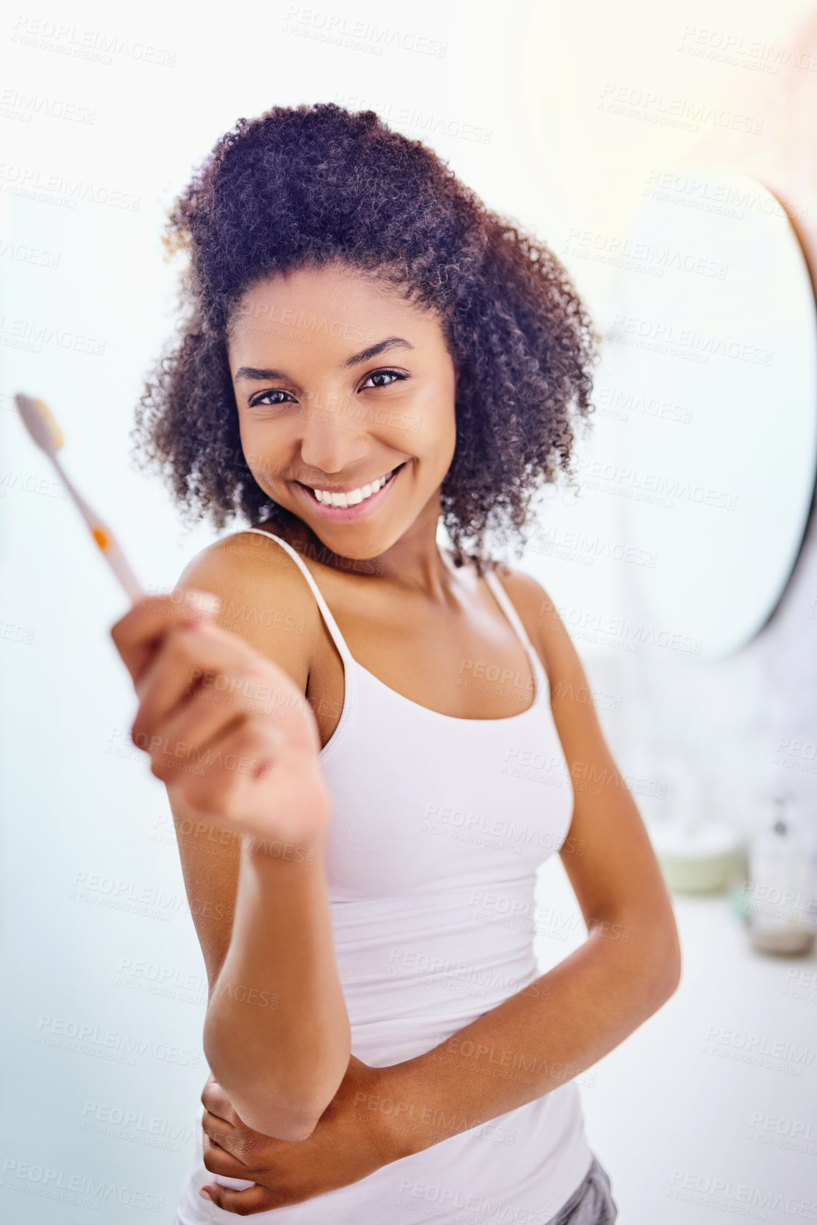 Buy stock photo Bathroom, woman and portrait with dental hygiene for teeth cleaning, morning routine or oral care. Home, smile and happy African person with toothbrush for plaque removal, satisfaction or gum health