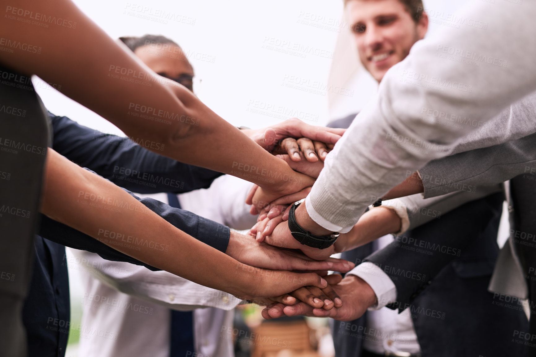 Buy stock photo Business people, huddle or teamwork with hands together for motivation, mission or collaboration. Closeup, colleagues or employees piling in solidarity or meeting for unity, agreement or coordination