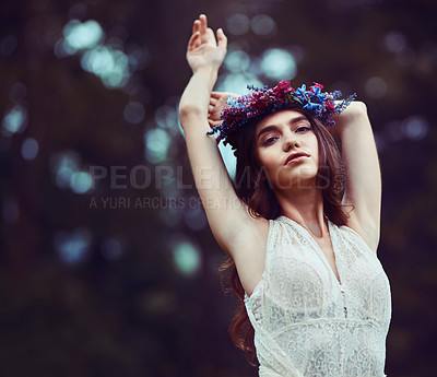 Buy stock photo Park, portrait or woman with floral crown with creative style or classy outfit for confidence. Relax, flowers or proud girl in nature with elegant dress in fantasy cosplay fashion or costume in Italy