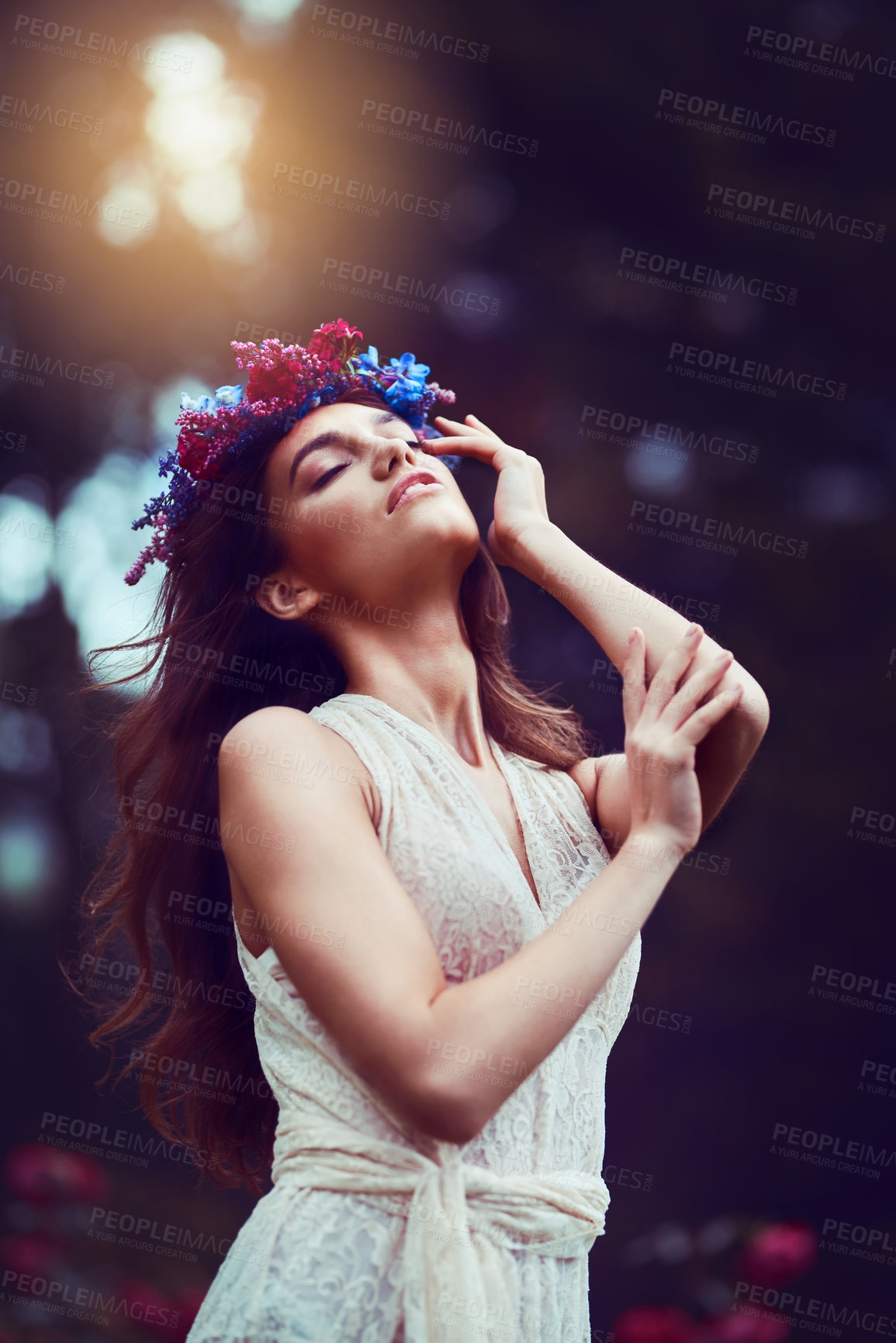 Buy stock photo Garden, thinking or woman with flowers in crown with creative style or classy outfit for confidence. Floral design, nature or girl with elegant dress in fantasy cosplay for fashion or costume ideas