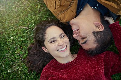 Buy stock photo Couple, smile and portrait on grass for relax, relationship and holiday with smile, romance and support. People, connection and top view outdoor for love, bonding and happy on weekend with vacation