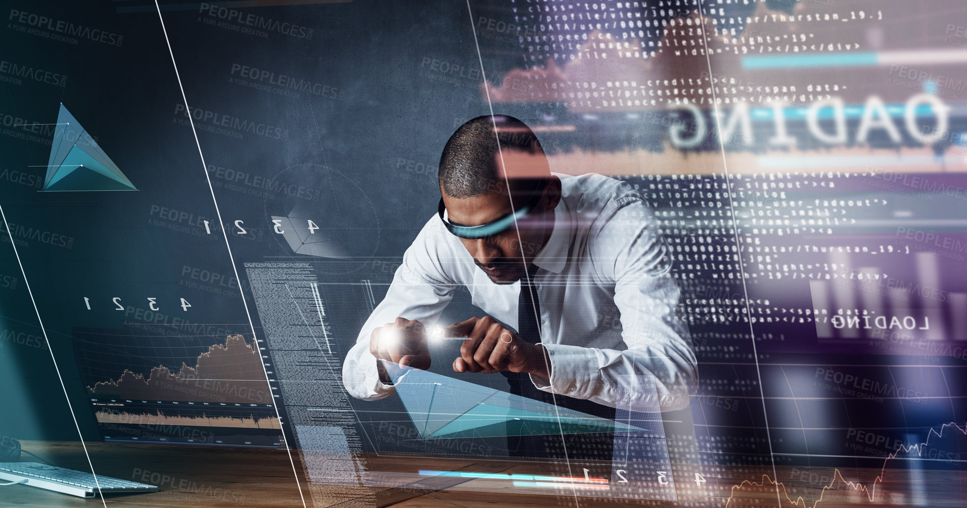 Buy stock photo Shot of a handsome young businessman using a digital interface