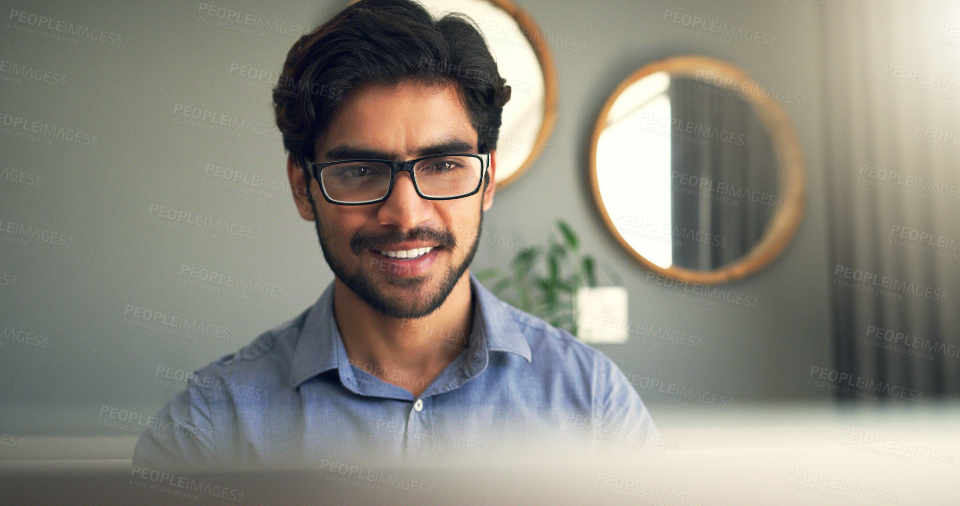 Buy stock photo Happy, teacher and computer in home for e learning, video call and remote working. Technology, smile and male person at desk for online, information and education or feedback in apartment or lounge