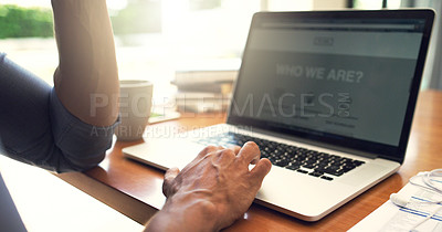 Buy stock photo Laptop, screen and hands of businessman typing a project, professional and proposal in a home office. About us, man and entrepreneur reading from internet or website working on digital marketing