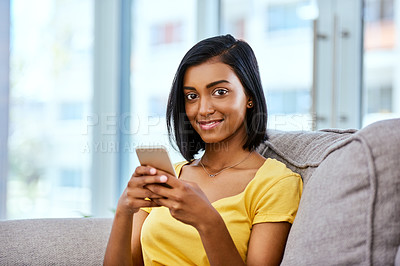 Buy stock photo Indian girl, portrait and phone on sofa in home for social media scroll, internet subscription and online streaming. Gen z, happy person and smartphone on couch for text message, dating app and relax