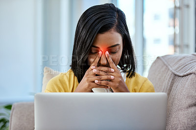 Buy stock photo Woman, home and laptop with nose block on sofa in living room with pain, sick and red flare. Female person, house and worried or stress with sinus, illness and congestion on couch at lounge with ache