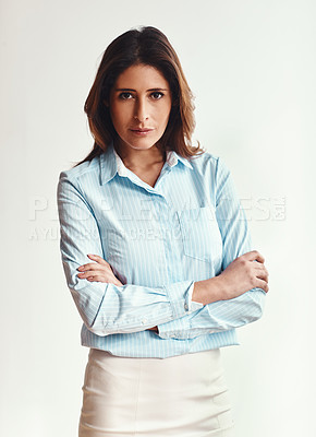 Buy stock photo Corporate, woman and arms crossed with portrait in studio for career in logistics as supply chain manager or supervisor. Business professional, confident and white background for production planning.