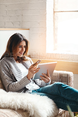 Buy stock photo Woman, idea and tablet on couch with credit card for internet banking, contactless payment and virtual transaction. Girl, home and online shopping or digital wallet for subscription and membership.