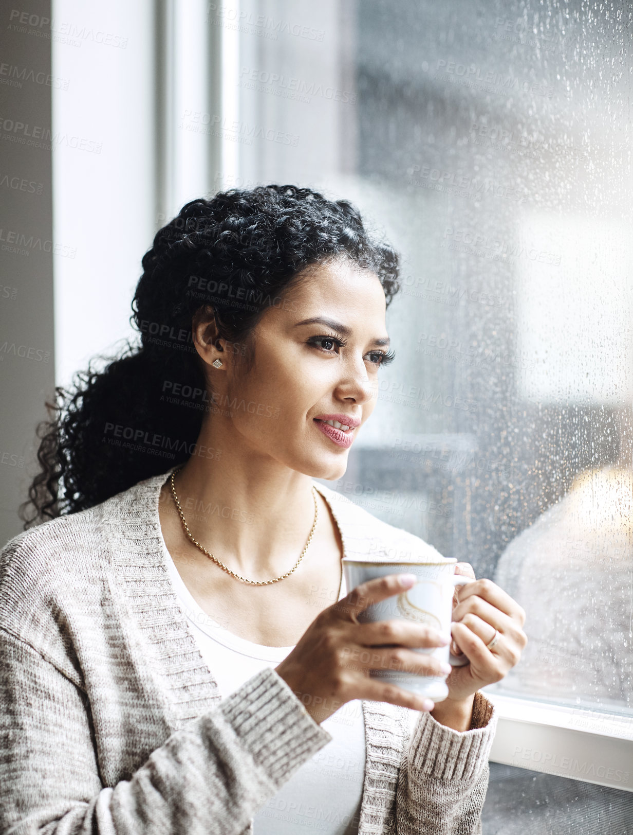 Buy stock photo Reflection, coffee and happy woman in home by window for relax, calm and wellness on weekend. Drinking, tea and female person with inspiration for morning and smile or gratitude for health in house