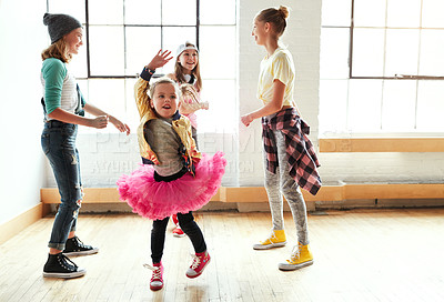 Buy stock photo Playing, friends or happy kids dancing with girl, studio or rhythm for creative performance or rehearsal. Smile, fun routine or children in hip hop crew for practice, learning or teaching in group