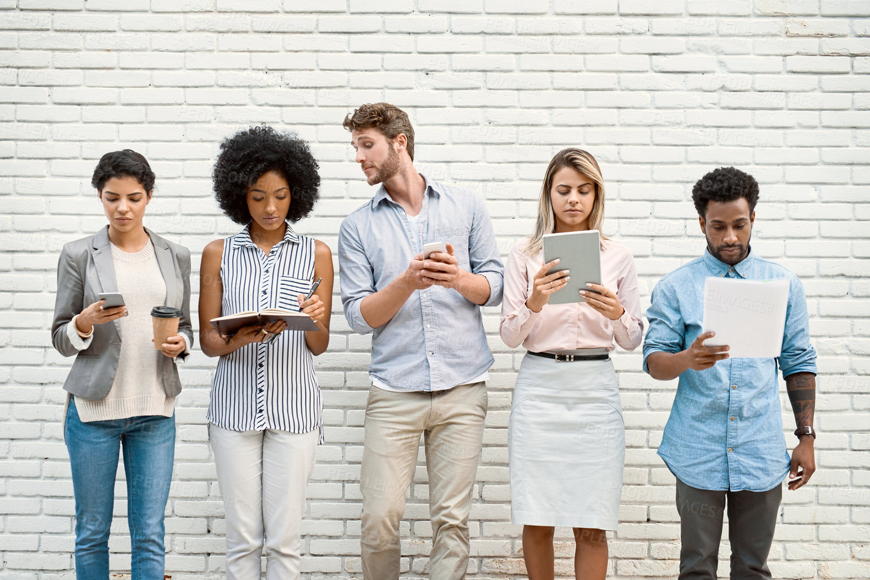 Buy stock photo Onboarding, wait and queue of people with recruitment, technology and notes for human resources. Hiring, diversity and candidate group with planning, work opportunity and row for paperless interview