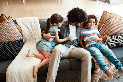 Buy stock photo Family, man and kids with hug on sofa for care, appreciation and bonding together in living room. Love, smile and dad with embrace of children at home for gratitude, trust and support in childhood