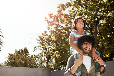 Buy stock photo Happy dad, boy and love with piggyback at backyard on holiday, freedom or bonding together at home. Father with young child, son or little kid with smile on shoulder for weekend in outdoor nature