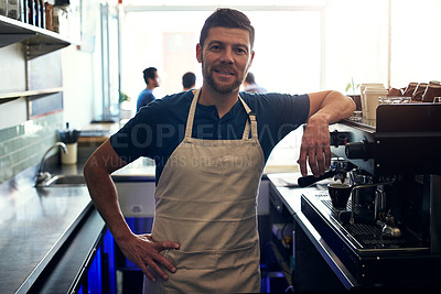 Buy stock photo Waiter, man or smile on portrait in cafe for customer service, hospitality or coffee shop startup. Small business, barista or happy server at counter with ready to welcome, bistro management or pride