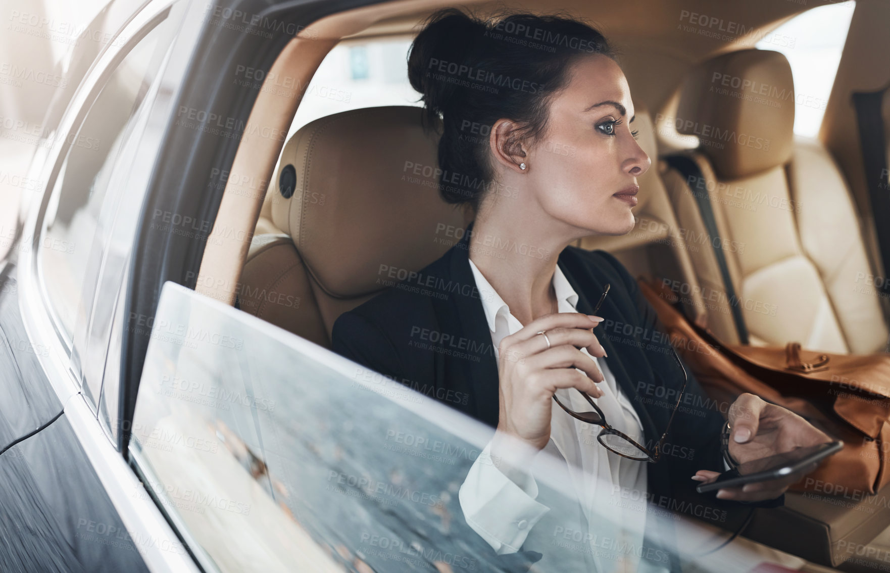 Buy stock photo Corporate woman, car and travel to work in traffic for schedule, agenda and investment meeting. Consulting partner, commute and driving in city with chauffeur, taxi or glasses for company event 