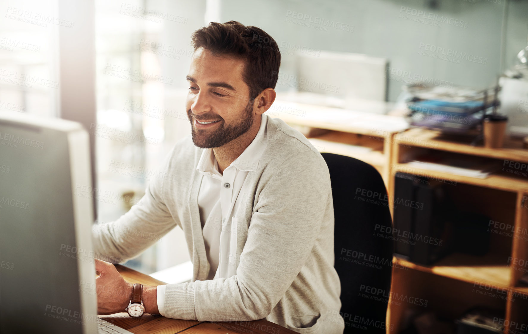 Buy stock photo Businessman, desktop computer and corporate with research, connection and concentration in financial firm. Male person, professional and technology for workload, deadline and administration in office