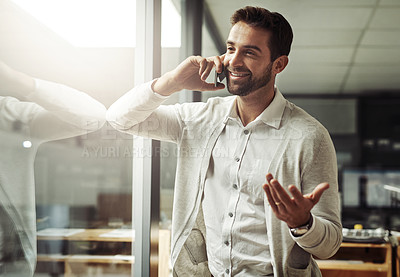 Buy stock photo Businessman, phone call and corporate with talking, communication or conversation for investment opportunity. Male person, technology and networking for workload, deadline or administration in office