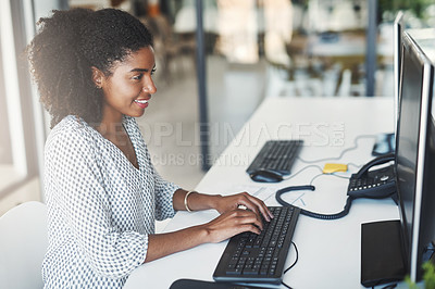 Buy stock photo Business, computer and black woman with keyboard, typing and internet with website information. African person, employee or journalist with pc, copywriting and research for article, smile or magazine