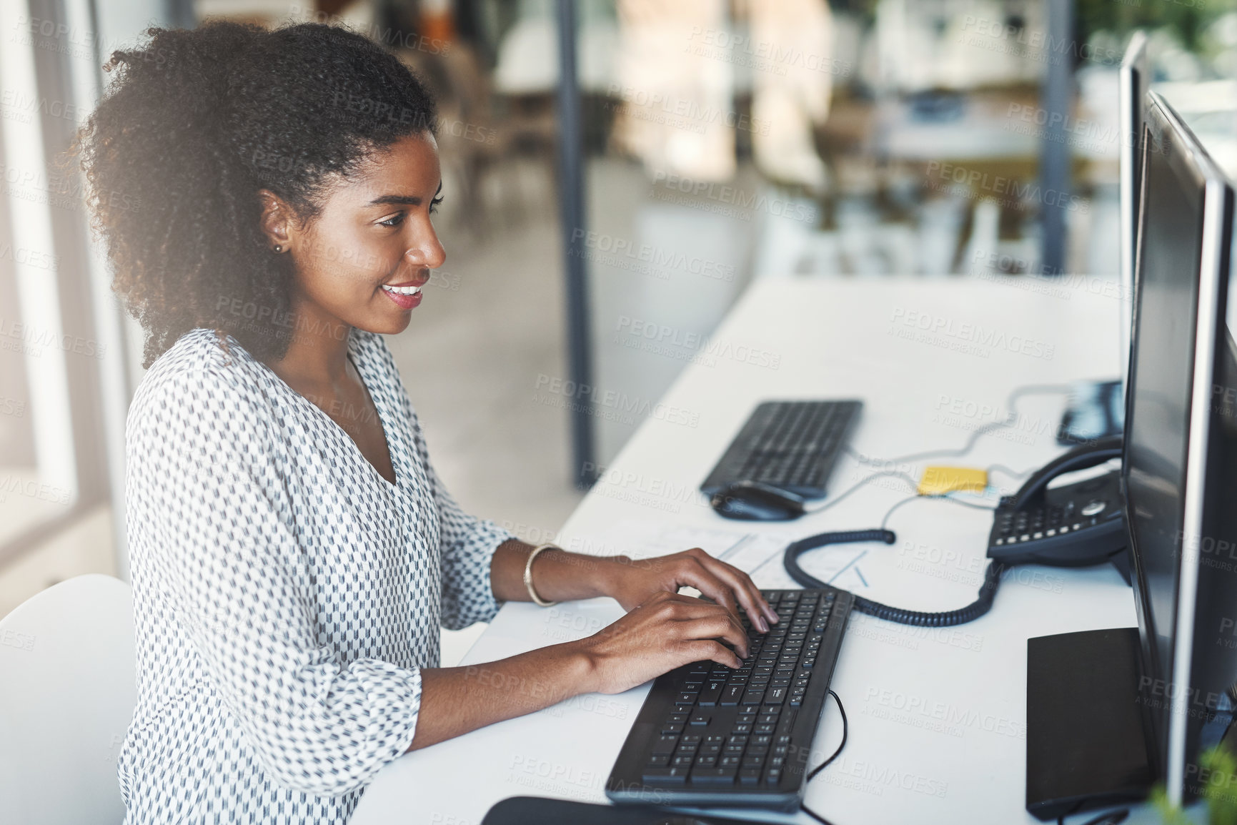 Buy stock photo Business, computer and black woman with keyboard, typing and internet with website information. African person, employee or journalist with pc, copywriting and research for article, smile or magazine