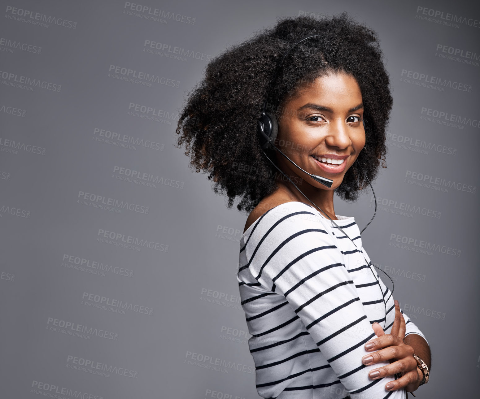 Buy stock photo Call center space, arms crossed or portrait of proud black woman in studio with headset or customer service. Smile, confident bilingual agent or communication for advice or support on grey background