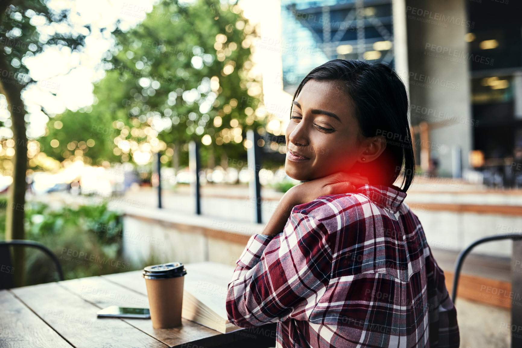 Buy stock photo Girl, student and neck pain of stress at university with inflammation, uncomfortable ache and academic burnout. Outdoor, person and massage shoulder on campus with muscle tension, strain and injury