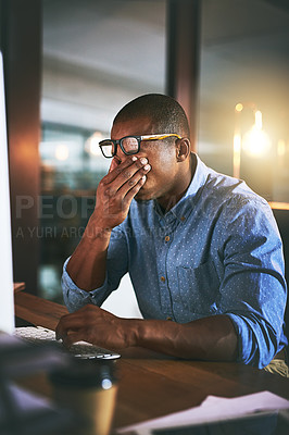 Buy stock photo African business man, tired and fatigue in night, office and headache by computer for project deadline. Black businessman, burnout or stress in workplace by pc, web design startup and mental health