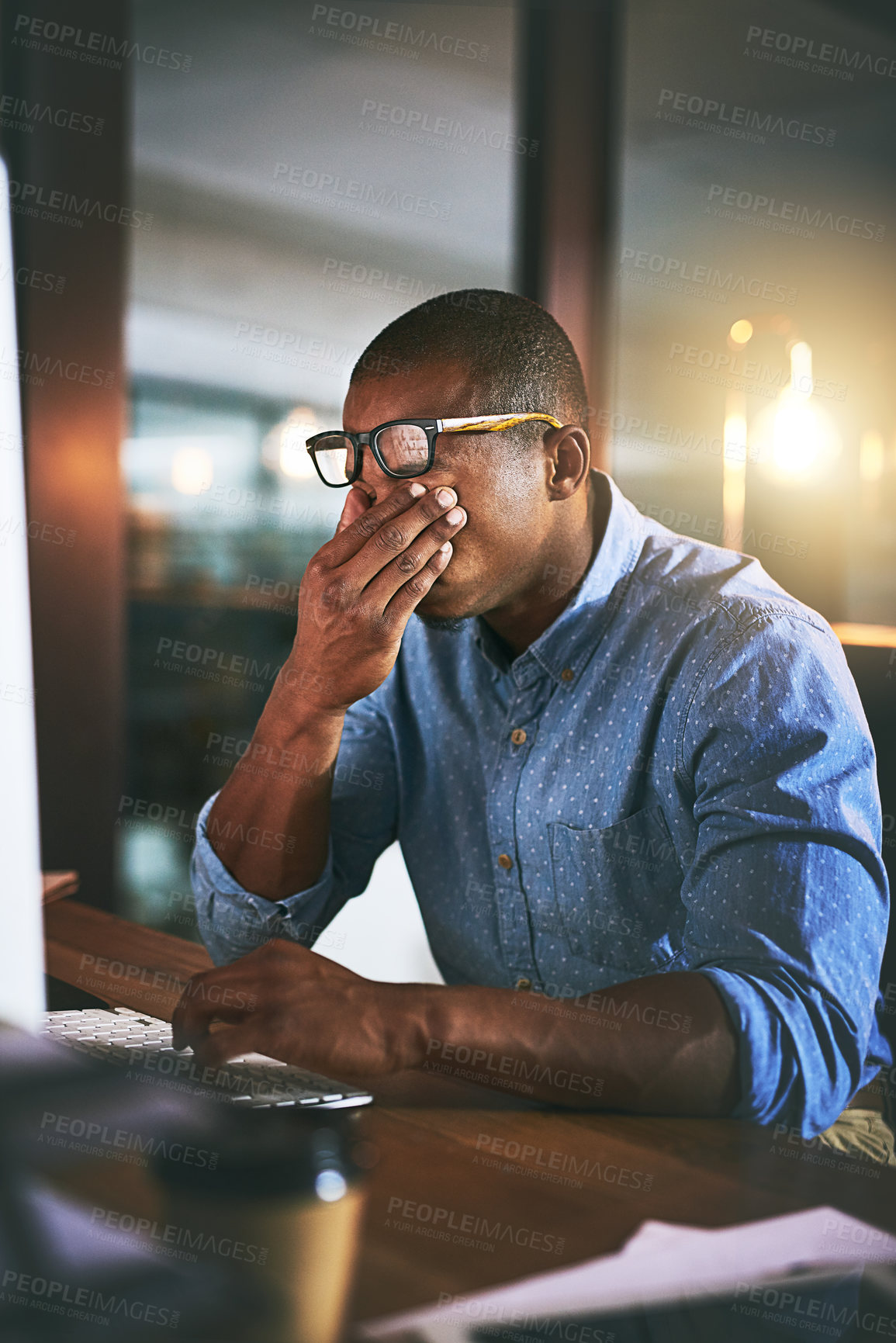 Buy stock photo African business man, tired and fatigue in night, office and headache by computer for project deadline. Black businessman, burnout or stress in workplace by pc, web design startup and mental health