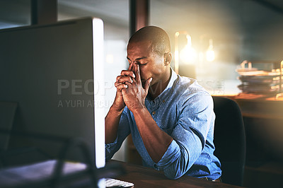 Buy stock photo Black man in business, night and stress headache with computer glitch, software problem and burnout. Male professional with migraine, brain fog and working late, frustrated with 404 and crisis