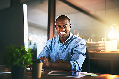 Buy stock photo African, businessman and tech in portrait at night as corporate communication specialist in office. Male person, working late and computer for connection, internet or company as professional in Kenya