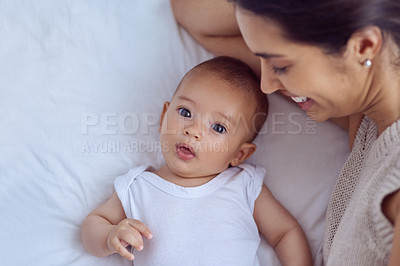 Buy stock photo Mother, baby and portrait on bed in home for bonding, relax and support with growth on mockup space. Love, newborn and woman in nursery together with security, protection and morning routine for care