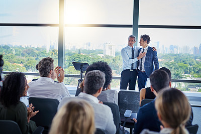 Buy stock photo Professional, presentation and applause during a seminar at the workplace with people in the audience. Business, employees and congratulations during conference for awards in career at the office.