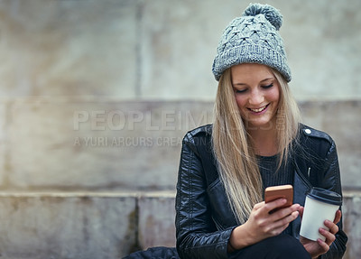 Buy stock photo Urban, coffee or happy woman in city with phone on social media, internet or blog for fashion tips. Reading news, beverage drink or trendy girl online to search cool clothes or texting on mobile app