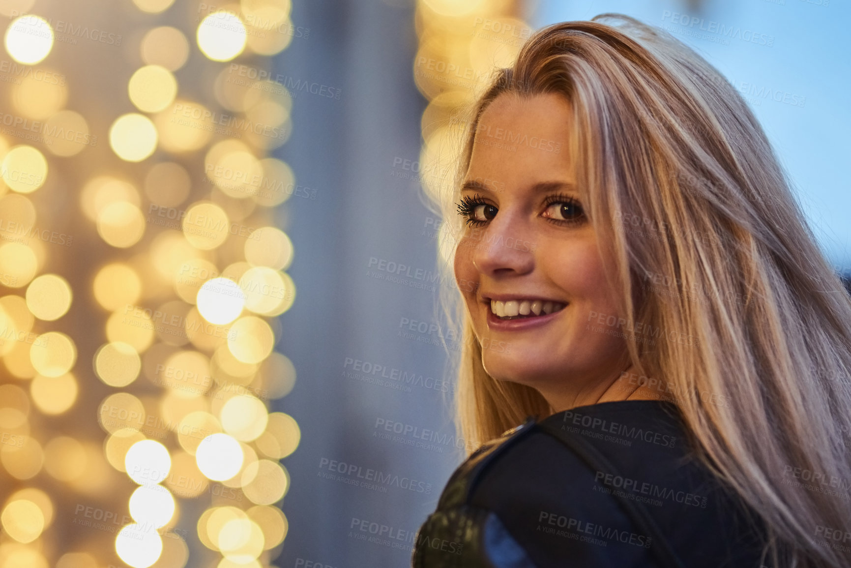 Buy stock photo Smile, lights and portrait of woman in city for travel, holiday or weekend trip in Switzerland. Happy, journey and female person with sightseeing in town for vacation, getaway or adventure at night.